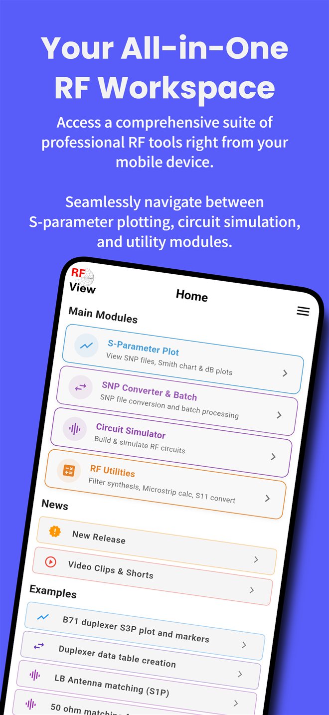 RF View for Android: All-in-one RF workspace. Plot, converter, simulator and utilities from one home screen.